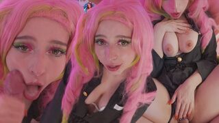 Mitsuri kanroji cosplayben élvezi a fasznak a lyukait és gigantikus arconlövellést kap