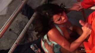 Two workers get to fuck a busty babe in an abandoned building